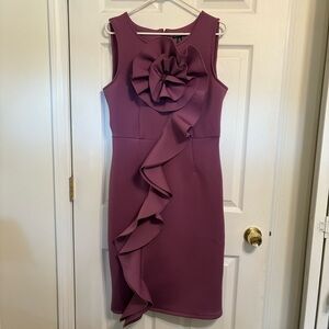 Nina Leonard Purple Ruffle Flower Sheath Midi Dress